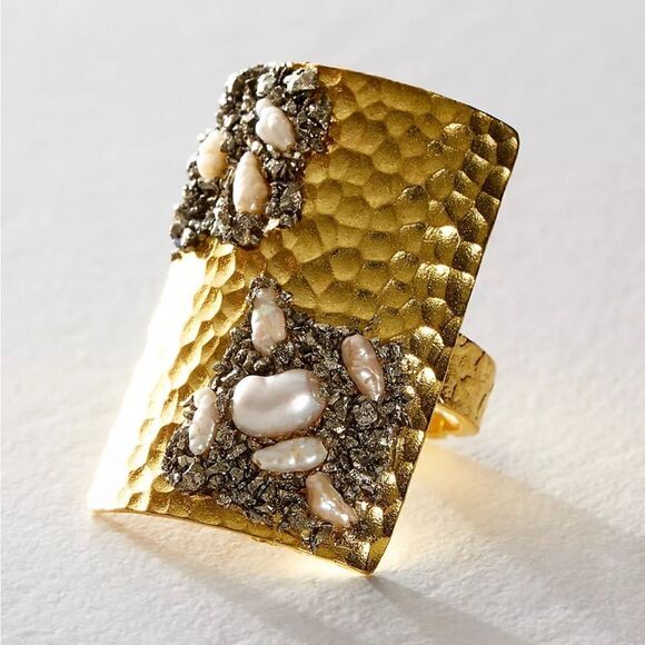 NWT Marly Moretti Free People Alba Freshwater Pearl/Brass/Pyrite Stone Ring Adj - Picture 1 of 11